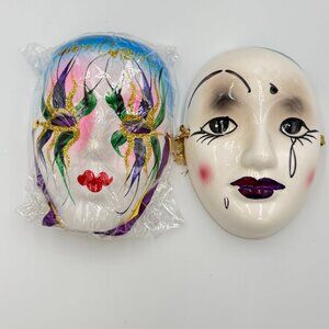 2 Mardi Gras Porcelain & Resin Art Masks 5" decor display UCGC Taiwan unbranded